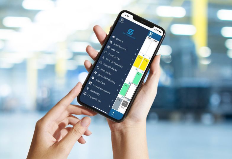 Snap Schedule employee app on a phone showing a staff member's own schedule, time off balance and open shift offers