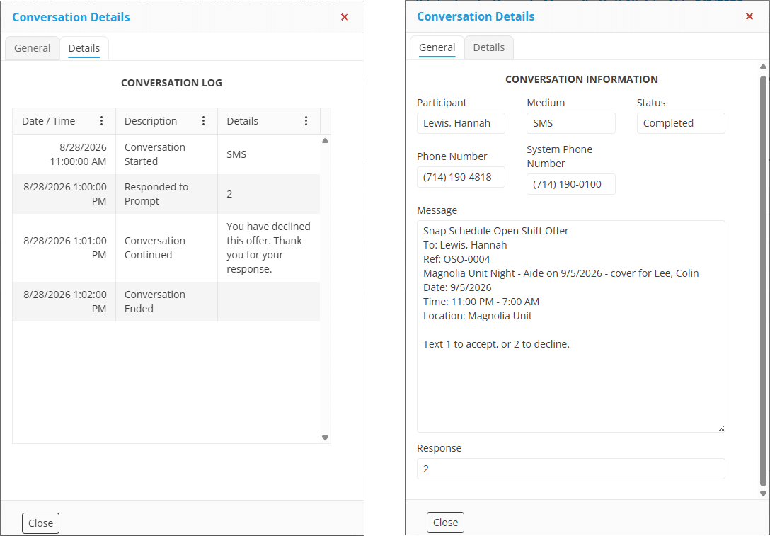 Snap Schedule 365 conversation details showing the SMS open shift offer sent to a nursing assistant with the shift date, time and unit, alongside a timestamped conversation log recording the decline response