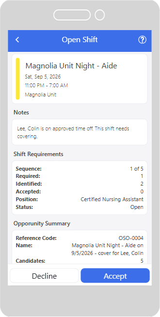 Snap Schedule 365 employee app showing an open shift offer for a night aide shift on Magnolia Unit with the shift requirements, position of certified nursing assistant, and accept or decline buttons