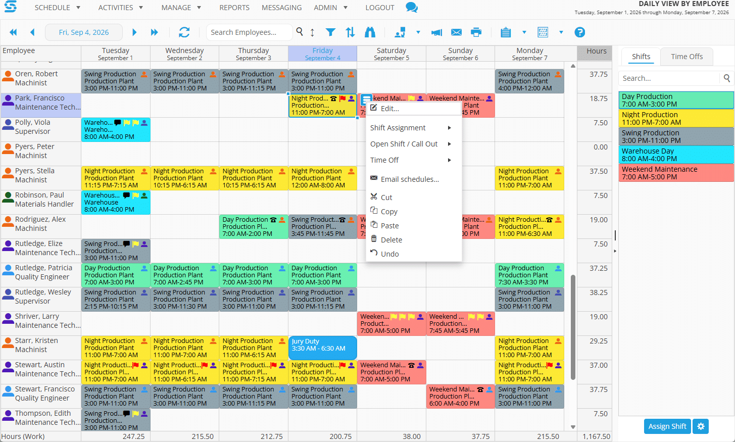 Snap Schedule daily view by employee showing a week of production, swing, night, warehouse and weekend maintenance shifts across a plant, with the Open Shift and Call Out menu open