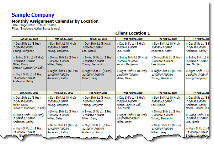Monthly Location Calendar