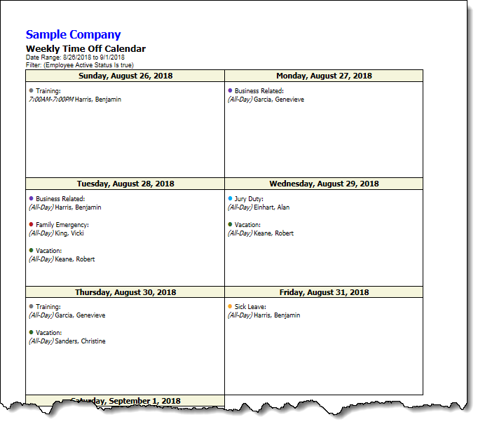Weekly Time Off Calendar