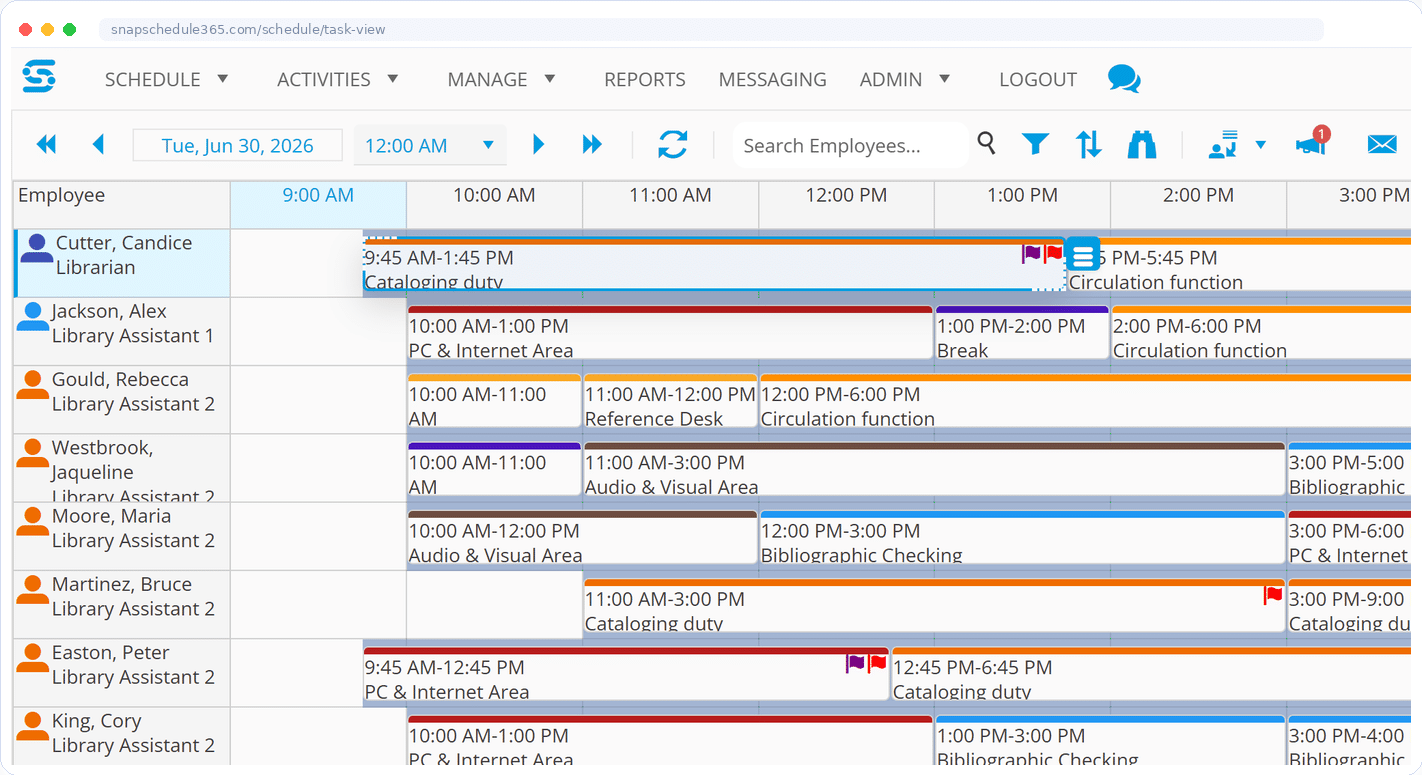 Snap Schedule 365 library staff scheduling software showing task and service-point assignments by employee