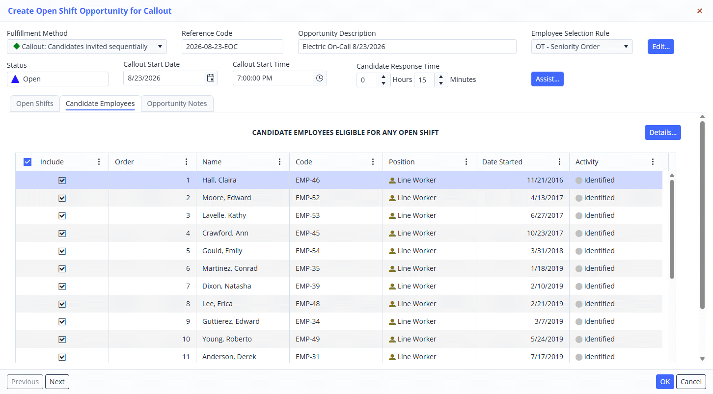 Utility crew callout software showing candidate employees ordered by an overtime and seniority selection rule